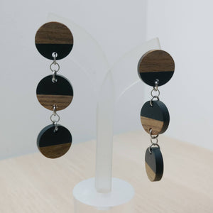 Wood and Black Resin Circle Trio Dangle Earrings