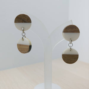 Wood and White Resin Circle Duo Dangle Earrings