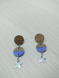 Wood and Lilac Star Resin Circle Trio Dangle Earrings
