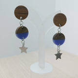 Wood and Lilac Star Resin Circle Trio Dangle Earrings