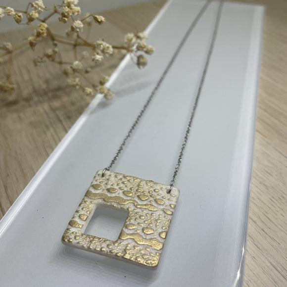Gilded White Square with Window Porcelain Polar Ice Necklace - Stainless Steel Fine Chain Necklace