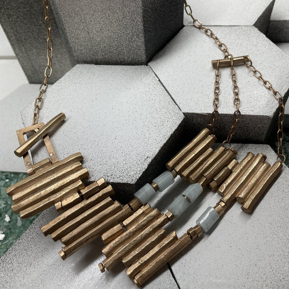 Bronze Devils Postpile Necklace with Aquamarine Gemstones