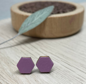 Hexagonal Wood Stud Lilac Laquered Earrings (matte or metalic)