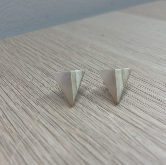 Triangle Wood and Pale Pink Resin Colourful Stud Earrings