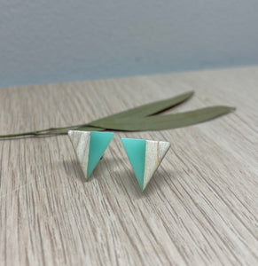 Triangle Wood and Aquamarine Resin Colourful Stud Earrings