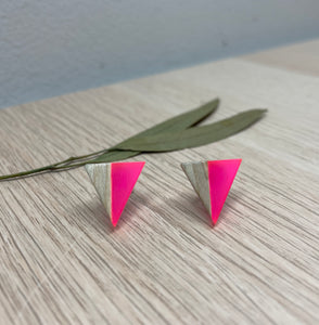 Triangle Wood and Hot Pink Resin Colourful Stud Earrings